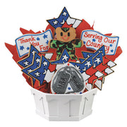 Cookies by Design patriotic cookie bouquet with military themed icing and dog tags in a white basket