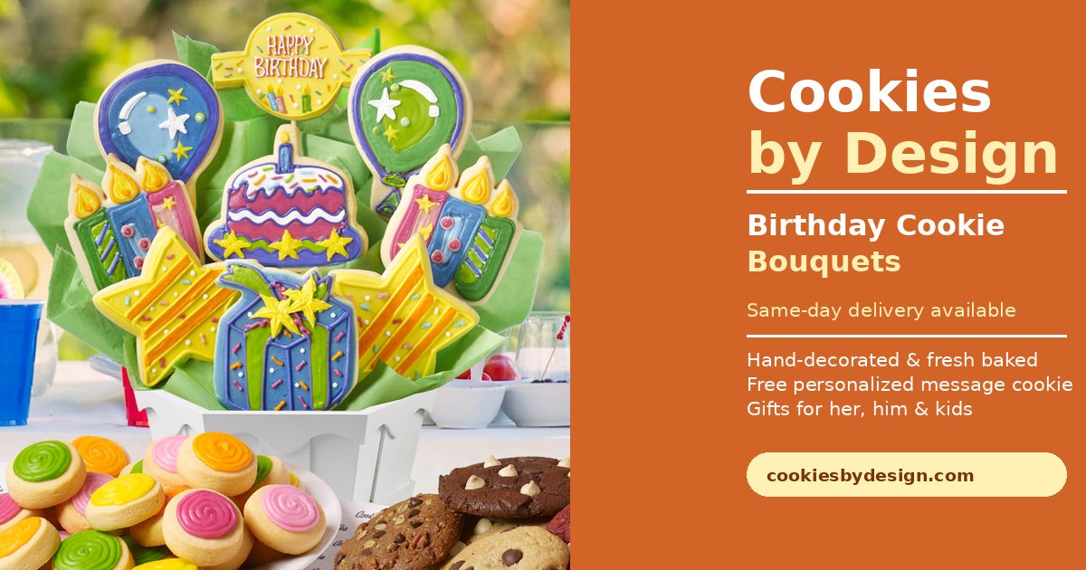 Birthday cookie bouquet with balloons and cake cookies, delivered same-day by Cookies by Design