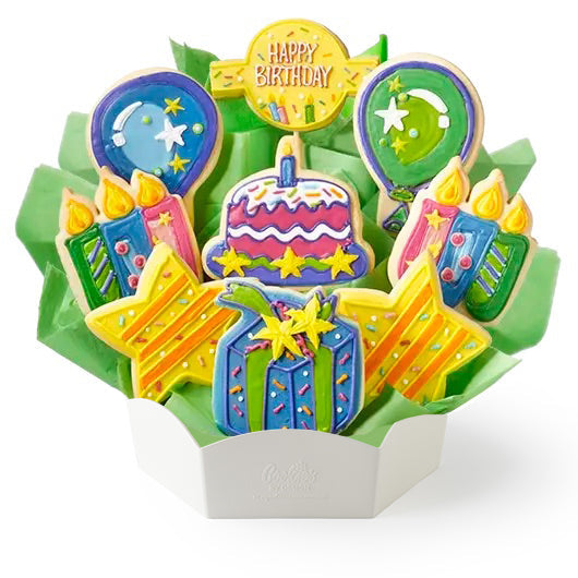Birthday cookie bouquet with balloons and cake cookies, delivered same-day by Cookies by Design