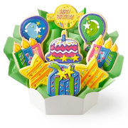 Birthday cookie bouquet with balloons and cake cookies, delivered same-day by Cookies by Design