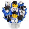 Graduation-themed cookie bouquet with cookies shaped like graduates, caps, and tassels on a white background.