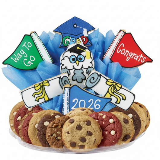 Graduation-themed cookie platter with decorative elements on a white background