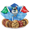 Graduation-themed cookie platter with decorative cookies and a blue box on a white background