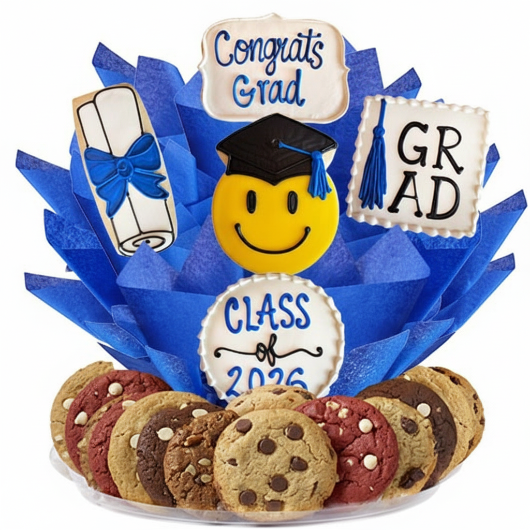 Graduation-themed cookie bouquet with cookies and decorative elements on a white background