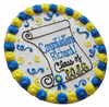 Round cake with blue and yellow decorations and 'Congratulations Richard! Class of 2026' text.