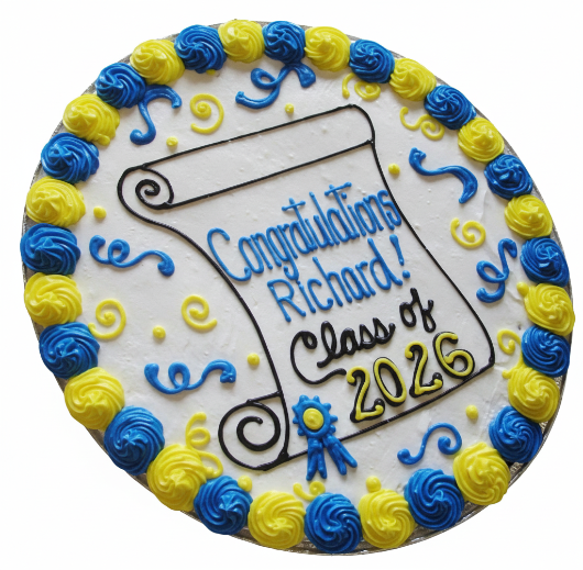 Round cake with blue and yellow decorations and 'Congratulations Richard! Class of 2026' text.