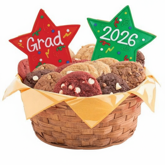 Basket of cookies with 'Grad' and '2026' star-shaped signs on a white background