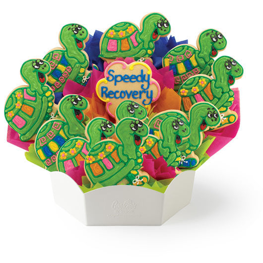 Bouquet of green turtle-shaped cookies with 'Speedy Recovery' card