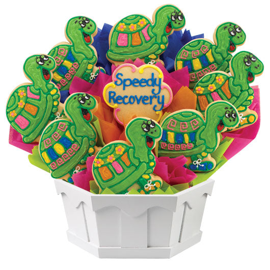 Turtle-themed cookie bouquet with 'Speedy Recovery' message, colorful gift arrangement