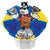 Cat-themed decorated cookie bouquet arrangement in a white basket with blue and yellow tissue paper