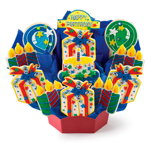 Colorful birthday-themed cookie bouquet with candles and a 'Happy Birthday'