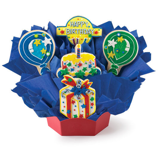 Colorful birthday-themed cookie bouquet with candles and a 'Happy Birthday'