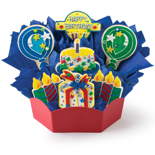 Colorful birthday-themed cookie bouquet with candles and a 'Happy Birthday'
