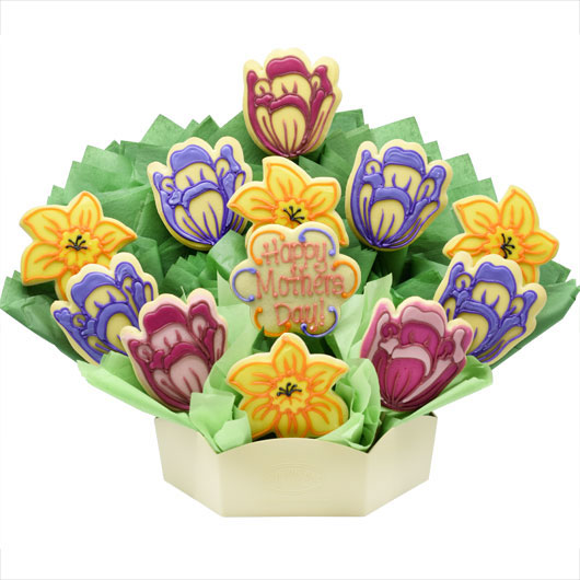 Mother’s Day gourmet flower cookie bouquet with colorful tulip and lily shaped cookies