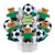 Soccer-themed cookie bouquet with bear cookies in green jerseys and a 'Thanks Coach!' message.