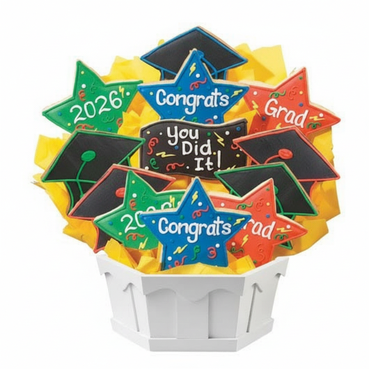 Colorful graduation-themed decorations in a basket on a white background