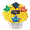 Graduation-themed cookie bouquet with colorful decorations on a white background