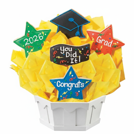 Graduation-themed cookie bouquet with colorful decorations on a white background