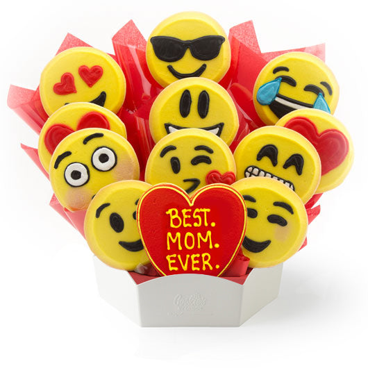 Bouquet of emoji-themed cookies with a heart-shaped cookie reading 'Best Mom Ever'