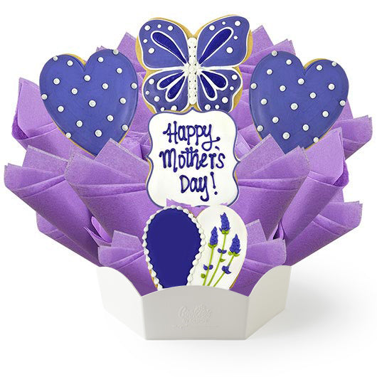 Lavender-themed Mother's Day cookie bouquet with standard container