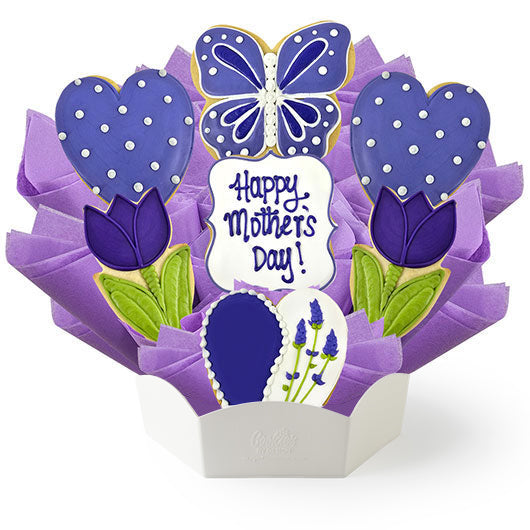 Lavender-themed Mother's Day cookie bouquet with standard container