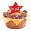 Graduation cookie gift basket with colorful assorted cookies and a red star 'Grad' decoration