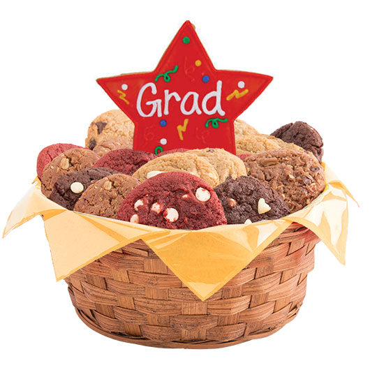 Graduation cookie gift basket with colorful assorted cookies and a red star 'Grad' decoration
