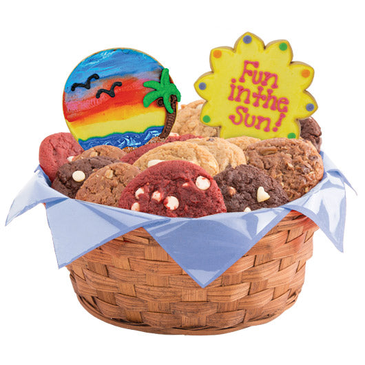 Summer cookie gift basket with assorted gourmet cookies and beach theme decorated cookies.