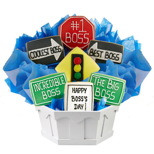 Boss's Day cookie bouquet with road sign cookies and messages like #1 Boss, Best Boss, Coolest Boss.