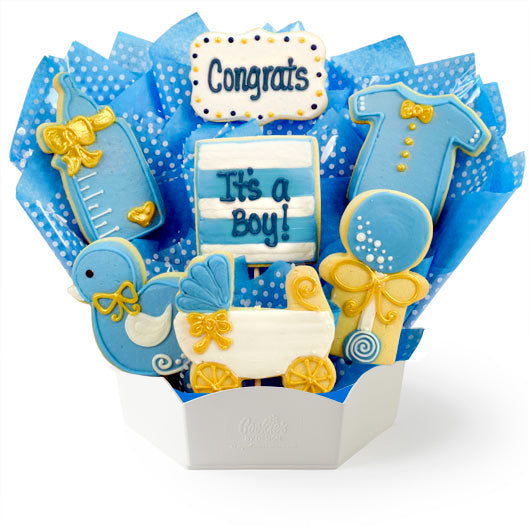 Decorative cookie bouquet with baby-themed cookies