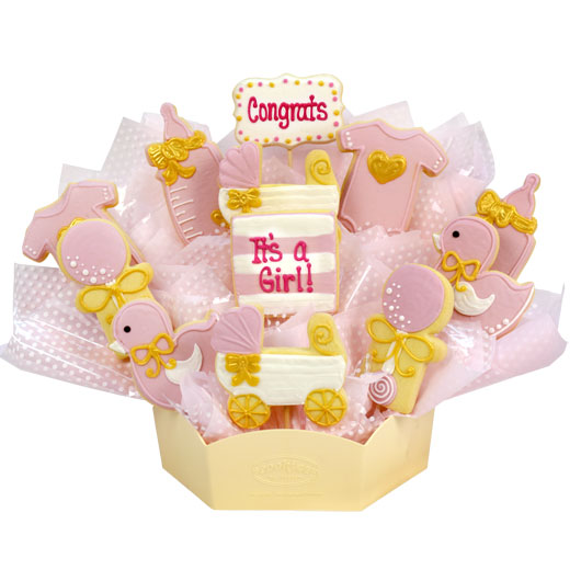 Decorative cookies in a box with 'Congrats It's a Girl!'
