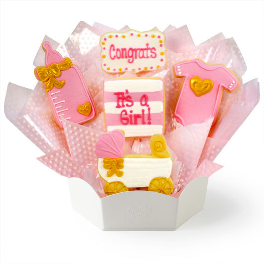 Decorative cookies in a box with 'Congrats It's a Girl!'