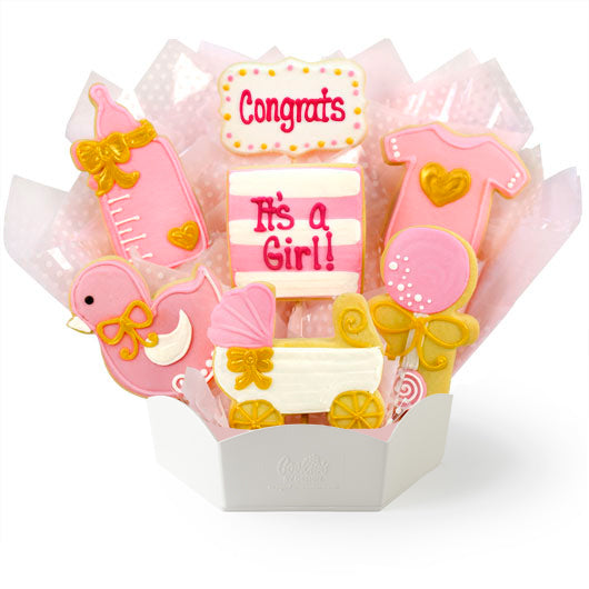 Decorative cookies in a box with 'Congrats It's a Girl!'