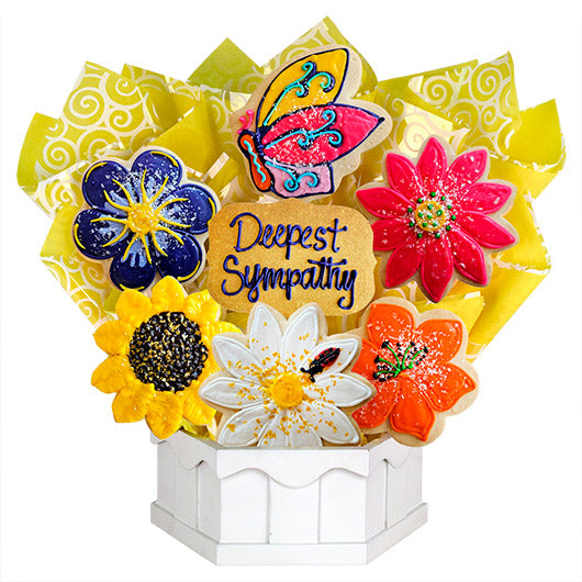 Sympathy cookie bouquet with colorful flower and butterfly shaped cookies, gift arrangement
