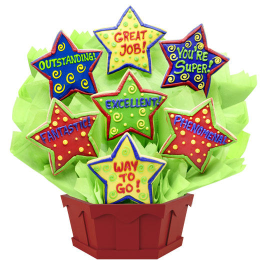 Star-shaped decorated cookies arranged in a bouquet, each with positive messages like 'Great Job!' and 'Outstanding!'