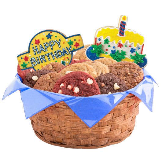 Birthday cookie gift basket with assorted gourmet cookies and decorated sugar cookies