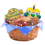 Birthday cookie gift basket with assorted gourmet cookies and decorated sugar cookies