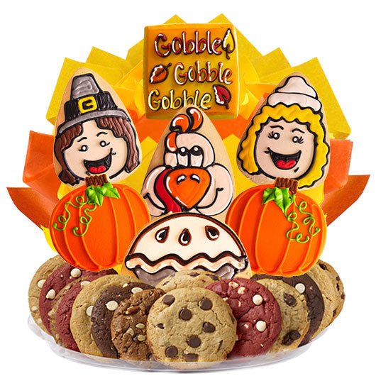 Cookies by Design Gobble Gobble BouTray with Thanksgiving themed decorated cookies and gourmet treats