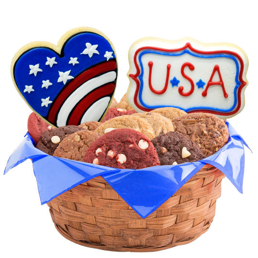 Patriotic cookie gift basket with assorted cookies and USA-themed decorated sugar cookies