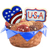 Patriotic cookie gift basket with assorted cookies and USA-themed decorated sugar cookies