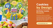 Birthday cookie bouquet with balloons and cake cookies, delivered same-day by Cookies by Design
