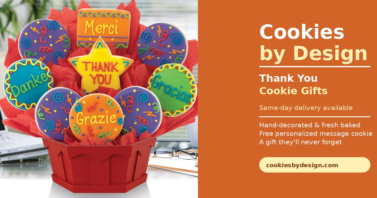 Thank You cookie bouquet with Merci, Danke, Grazie and Gracias cookies, delivered same-day by Cookies by Design