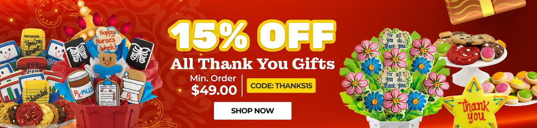 Promotional banner for 15% off on thank you gifts with various gift items and a code on a red background.