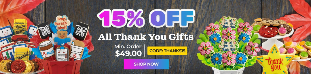 Promotional banner for 15% off on thank you gifts with various gift options and a code to use.