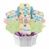 Decorative cookie arrangement in a basket with personalized text on a white background