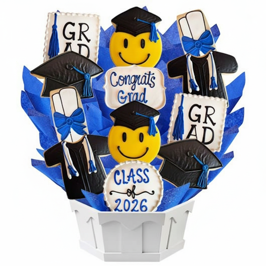 Graduation-themed cookie bouquet with cookies shaped like graduates, caps, and tassels on a white background.