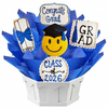 Graduation-themed cookie bouquet with blue tissue paper on a white background