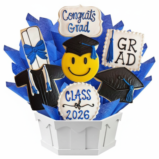 Graduation-themed cookie bouquet with blue ribbons and 'Congrats Grad' sign.