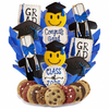 Graduation-themed cookie bouquet with cookies shaped like graduates, tassels, and 'Congrats Grad' signs on a white background.
