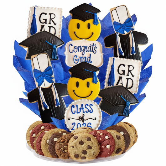 Graduation-themed cookie bouquet with cookies shaped like graduates, tassels, and 'Congrats Grad' signs on a white background.